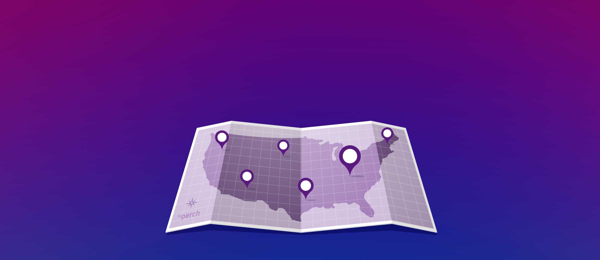 Map of the United States showing Perch portal locations across multiple cities