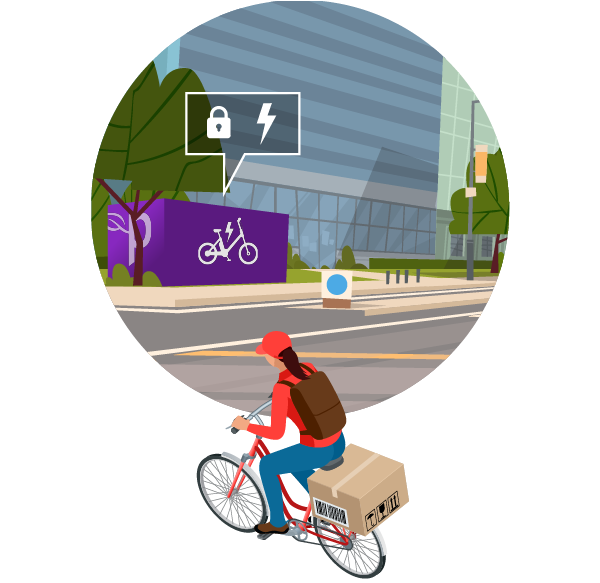 Illustration of a Perch e-bike park and charge station on a city street