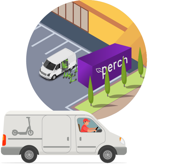 Illustration of a Perch portal serving a scooter fleet operator with a delivery van nearby