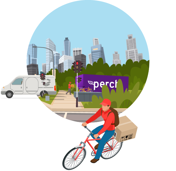 Illustration of a Perch last-mile delivery microwarehouse with a cyclist courier