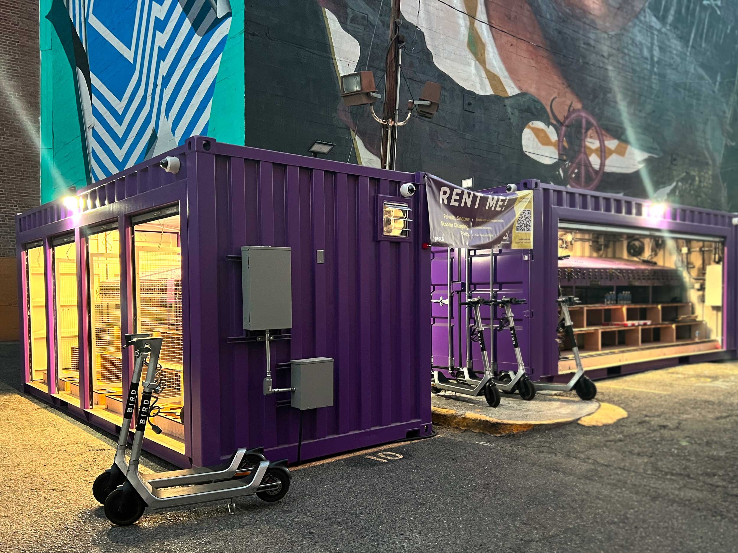 A Perch micromobility charging portal installed at a Sacramento location, lit up at night